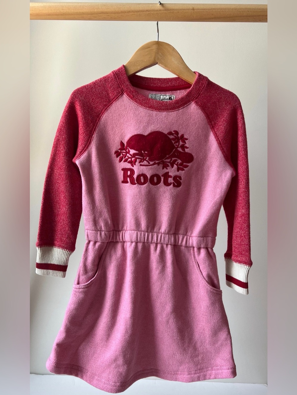 Roots Cabincore Pink and Red Girls Sweatshirt Dress with Logo Size 5
